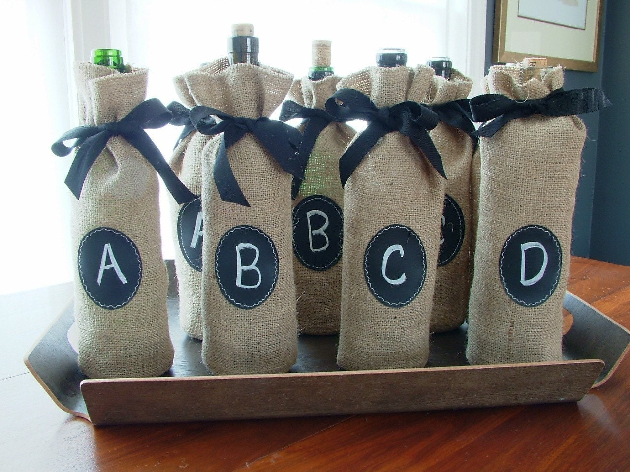 Set of 10 Burlap Wine Bottle Bags with Chalkboard Message Label