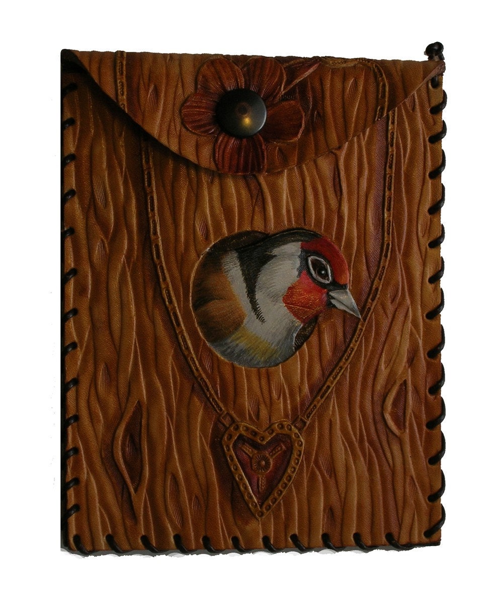Hand carved wallet with goldfinch