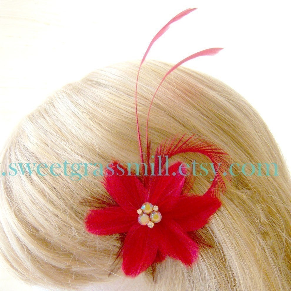 Feather Fascinator - ROUGINA FLORIA - Red Feather Flower Jewel Clip - Bridesmaid