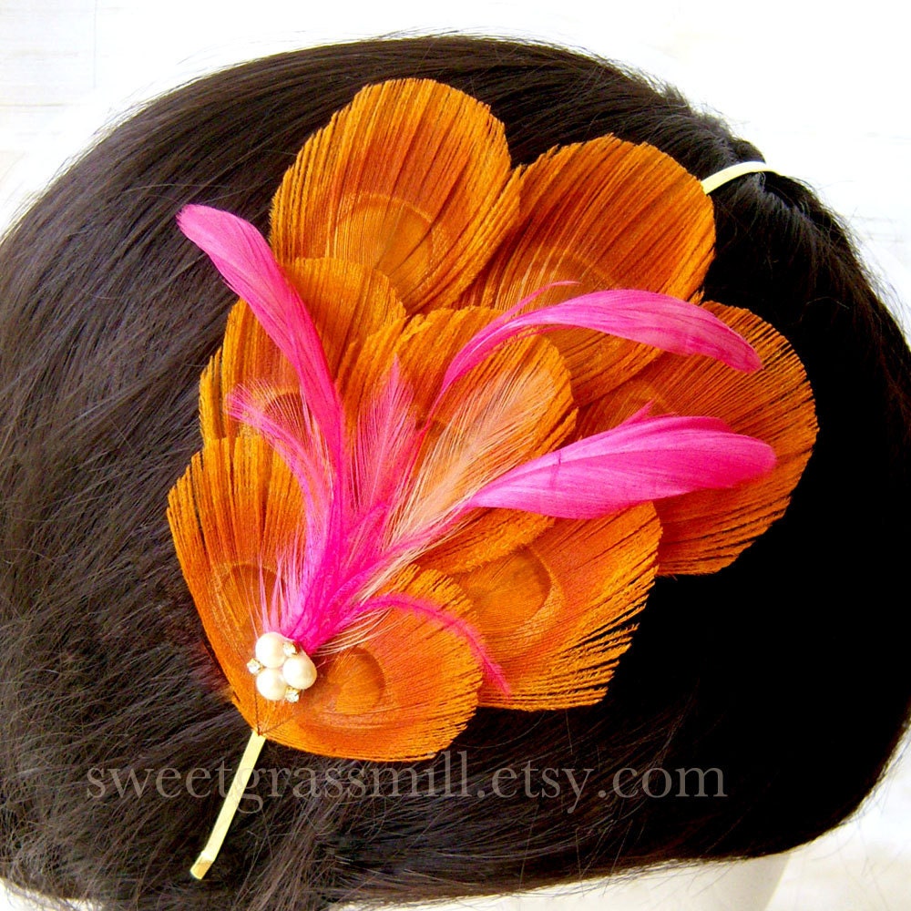 Peacock Headband - VALENCIA - Orange Peacock & Rose Pink Feather Clip or Headband
