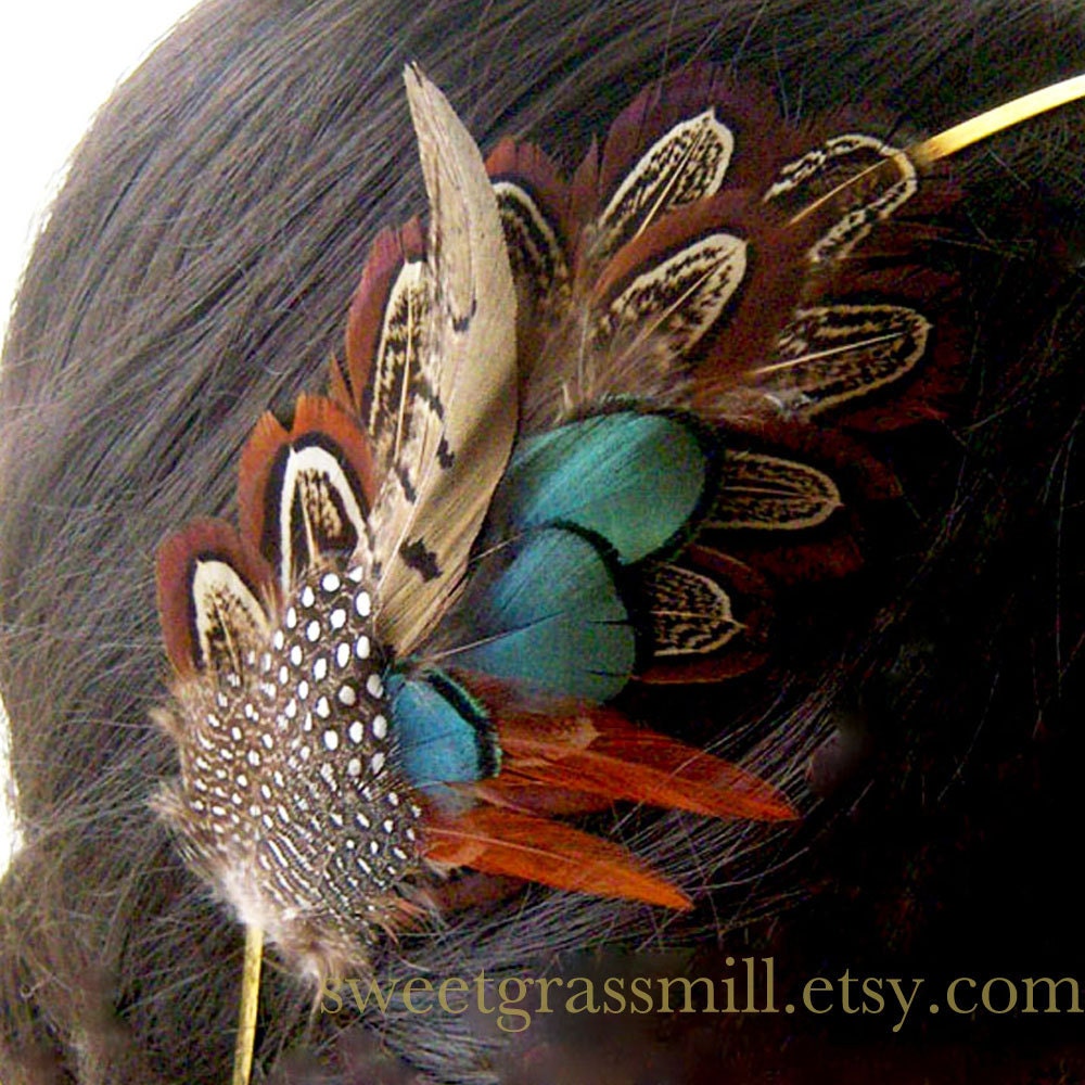 Feather Headband - PEMBERLEY MAIDEN - Pheasant & Guinea Feathers - Choose Headband or Clip - sweetgrassmill