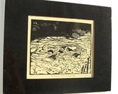 Swimming Water Buffalo, limited edition lino cut, hand printed, hand signed in pencil  by the artist