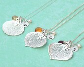 GIFT SET of 3  - Personalized Initial Genuine Aspen Leaf Sterling Silver Necklace with Custom Birthstone and Pearl