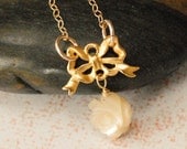 Carved Rose Bow Necklace - Mother of Pearl and 24kt Gold plated - Flowergirl Bridesmaids Gift