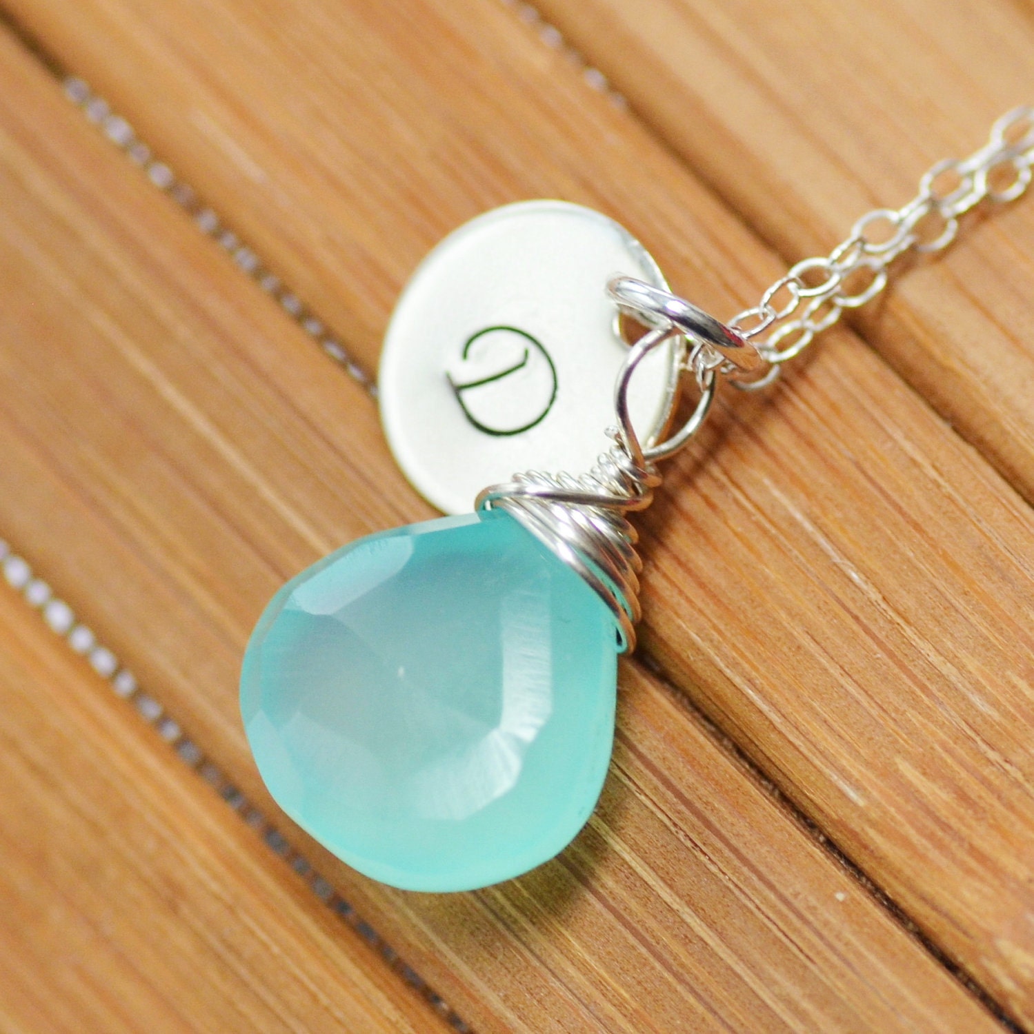 Initial Birthstone Necklace - Personalized Handstamped Initial with Blue Chalcedony - Bridesmaids Gift