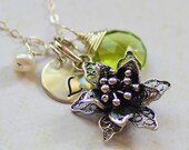 Initial Peridot Sterling Silver Flower Necklace - August Birthstone Freshwater Pearl Personalize Hand Stamped  - Bridesmaids Gift