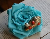 The Beachcomber: Seafoam Green Rosette Hair Pin with Rhinestone Seashell detail