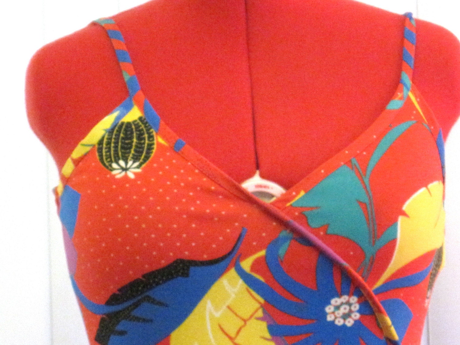 1970s Red Hot Tropical Print Faux-Wrap Sundress