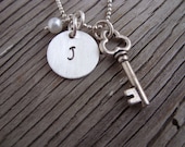 Hand stamped charm necklace 1/2 inch tasty tag sterling silver with pearl and key charm