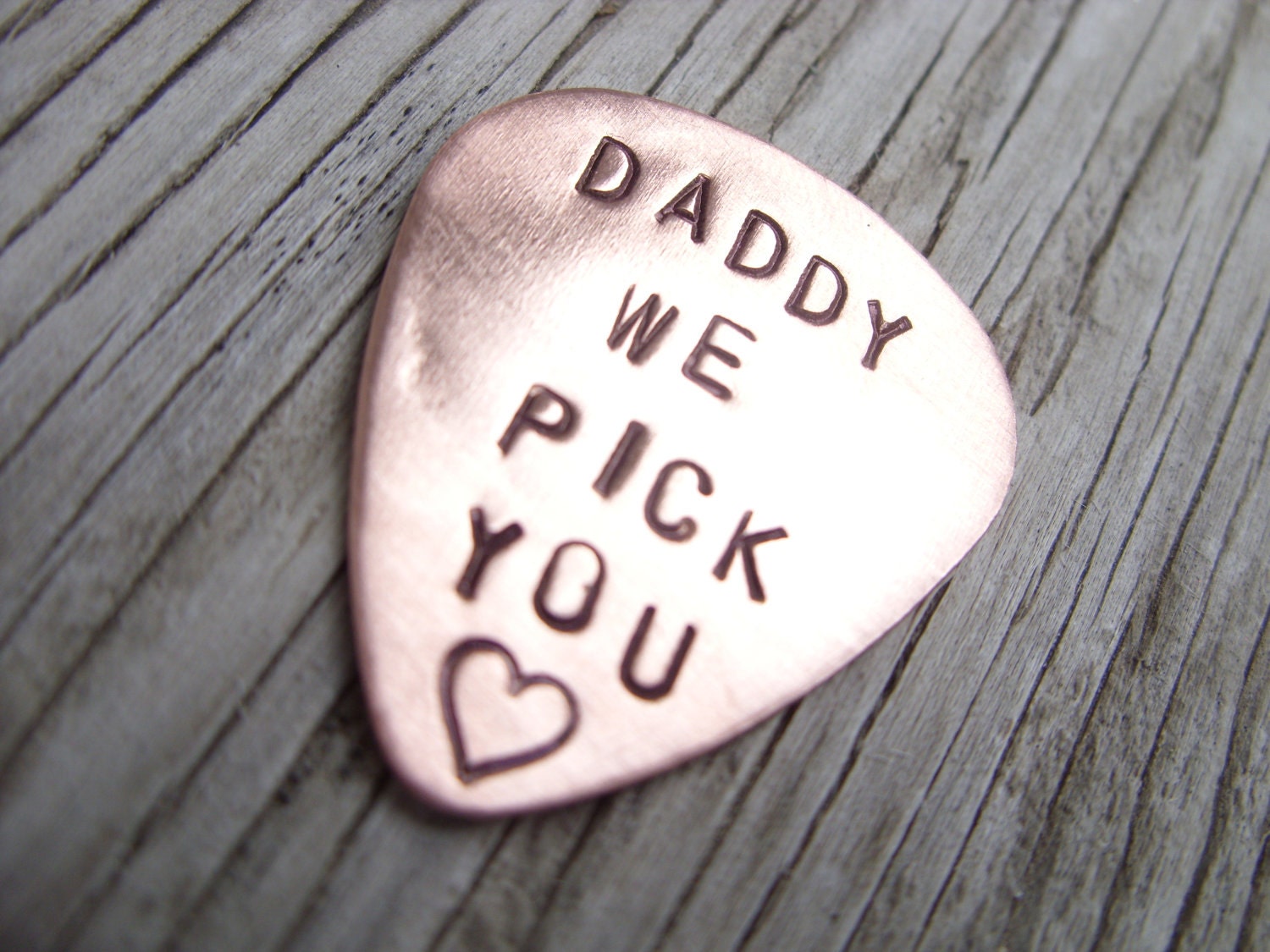 copper guitar pick 22 gauge-  hand stamped with USPS priority mail upgrade