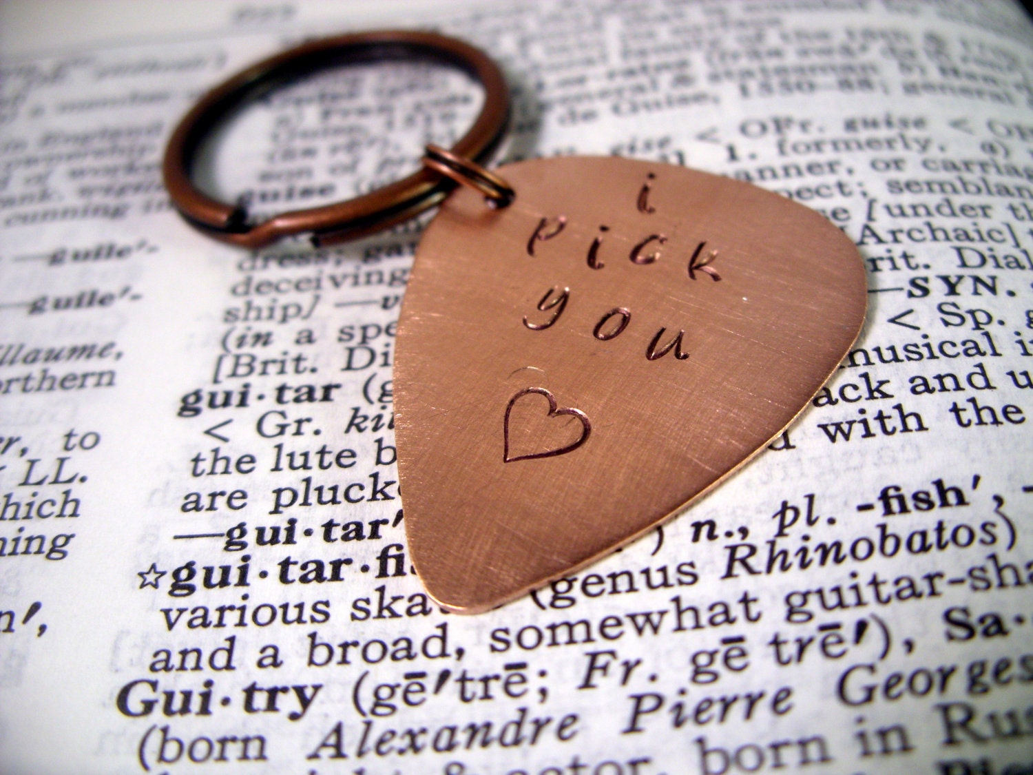 Hand stamped copper guitar pick key chain- great custom gift