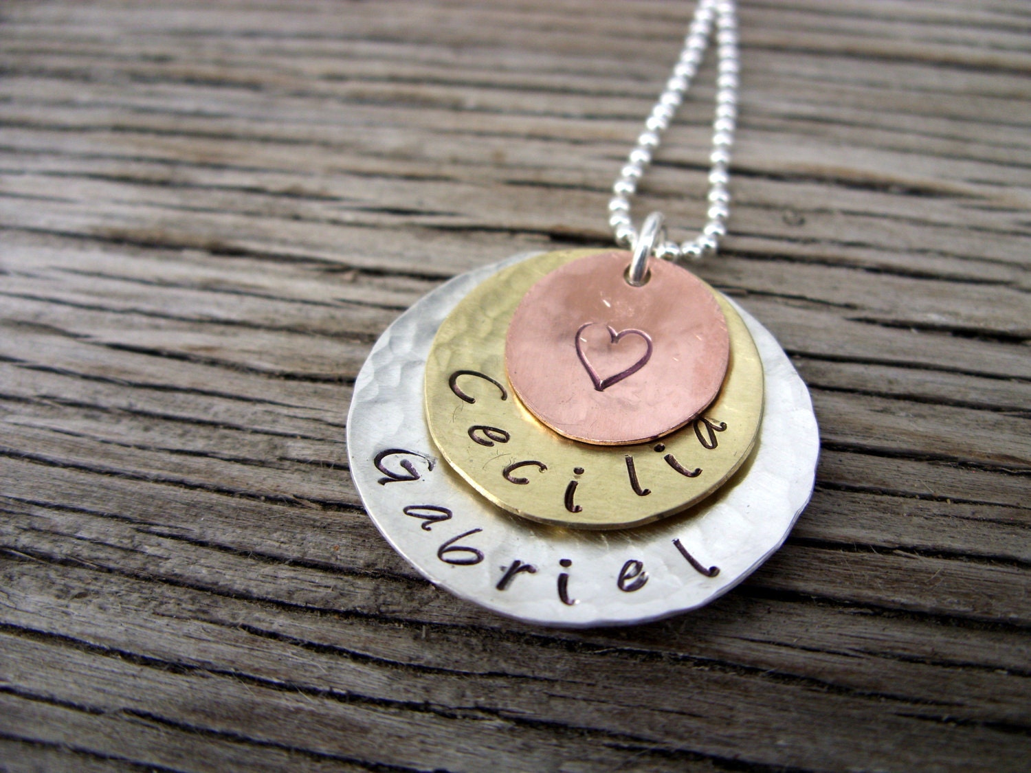 Hand stamped pendant-sterling silver, brass and copper personalized charms mommy jewelry