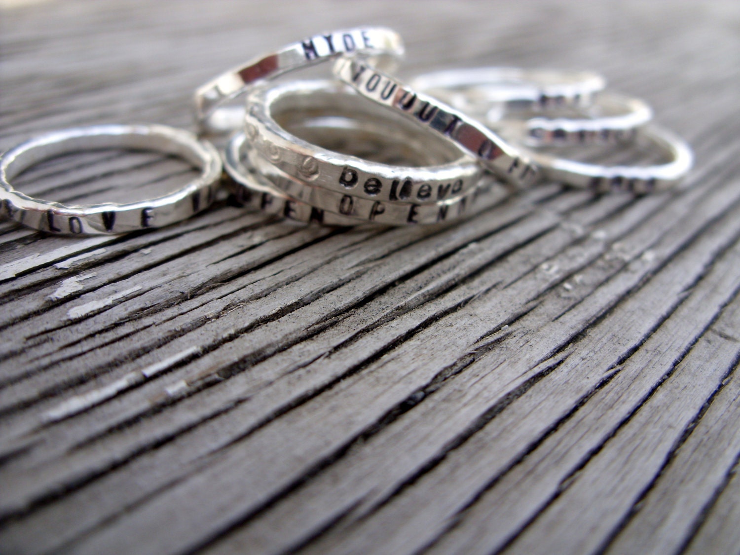ONE fine silver stacking ring- hand stamped -hand made to order- custom moms jewelry stacker ring