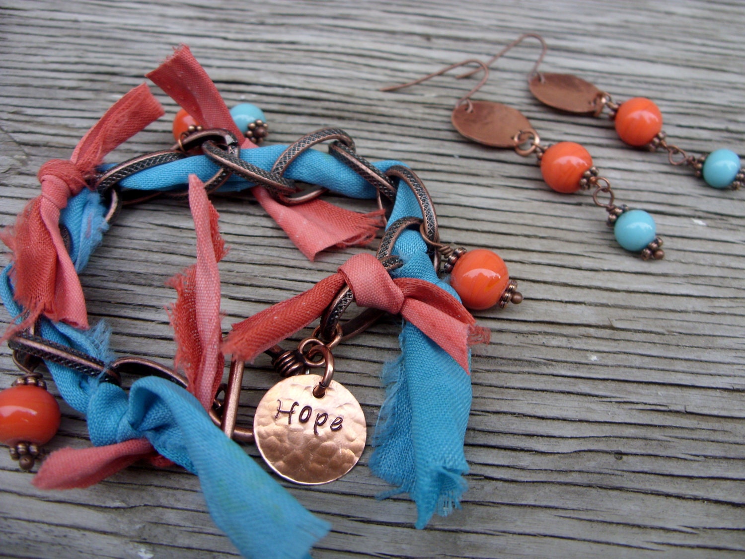 Bravo Boho Bracelet- copper chain, turquoise and orange glass beads and sari silk with handstamped copper hope charm