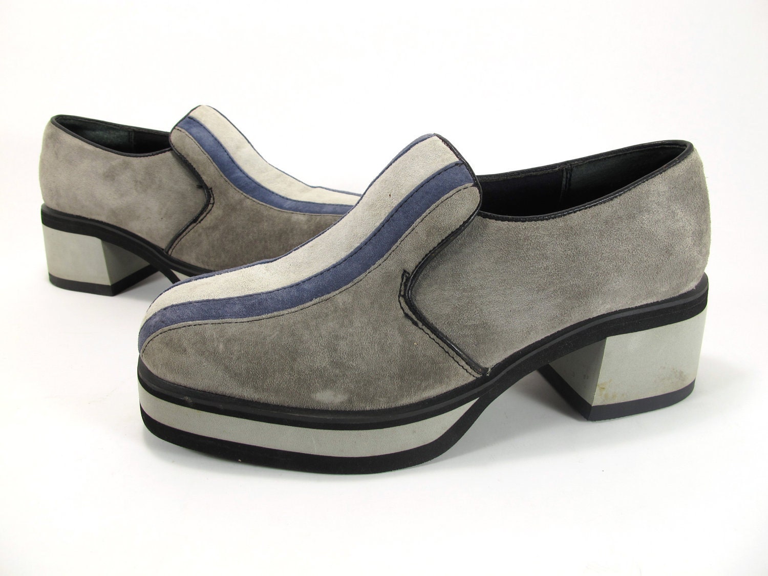 Vintage 70s 90s Hush Puppies Platform Striped Grey Suede Ladies 7