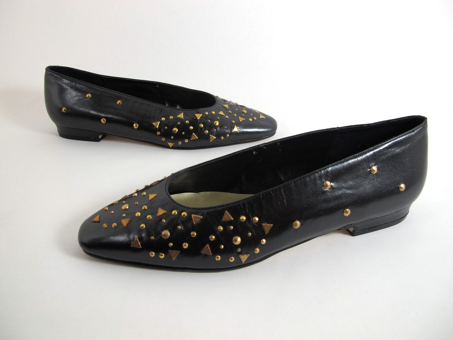 Gold Studded Black Leather Flats J Renee Ladies 8