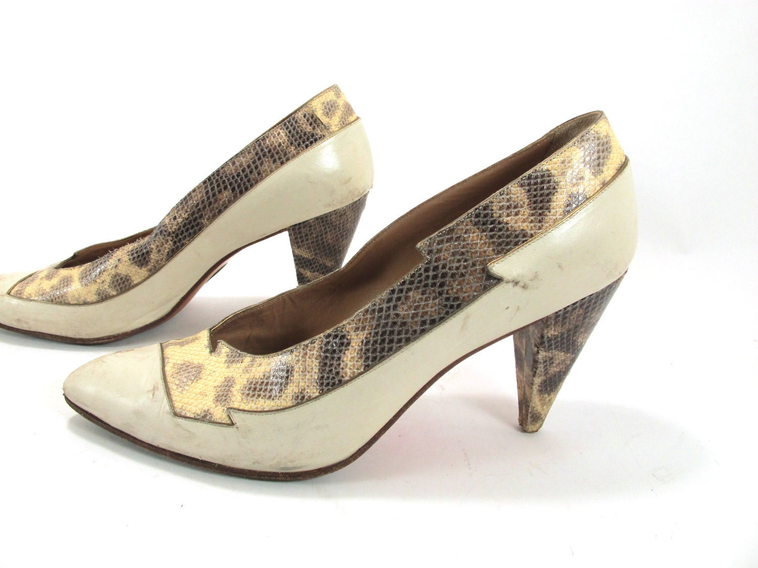 Maude Frizon Geometric Snake Skin Pumps 1980s Wild Style Size 8