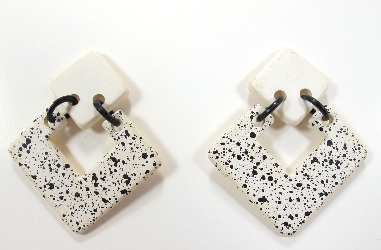80s Art Deco Paint Spattered Black and White Geometric Triangle Post Earrings