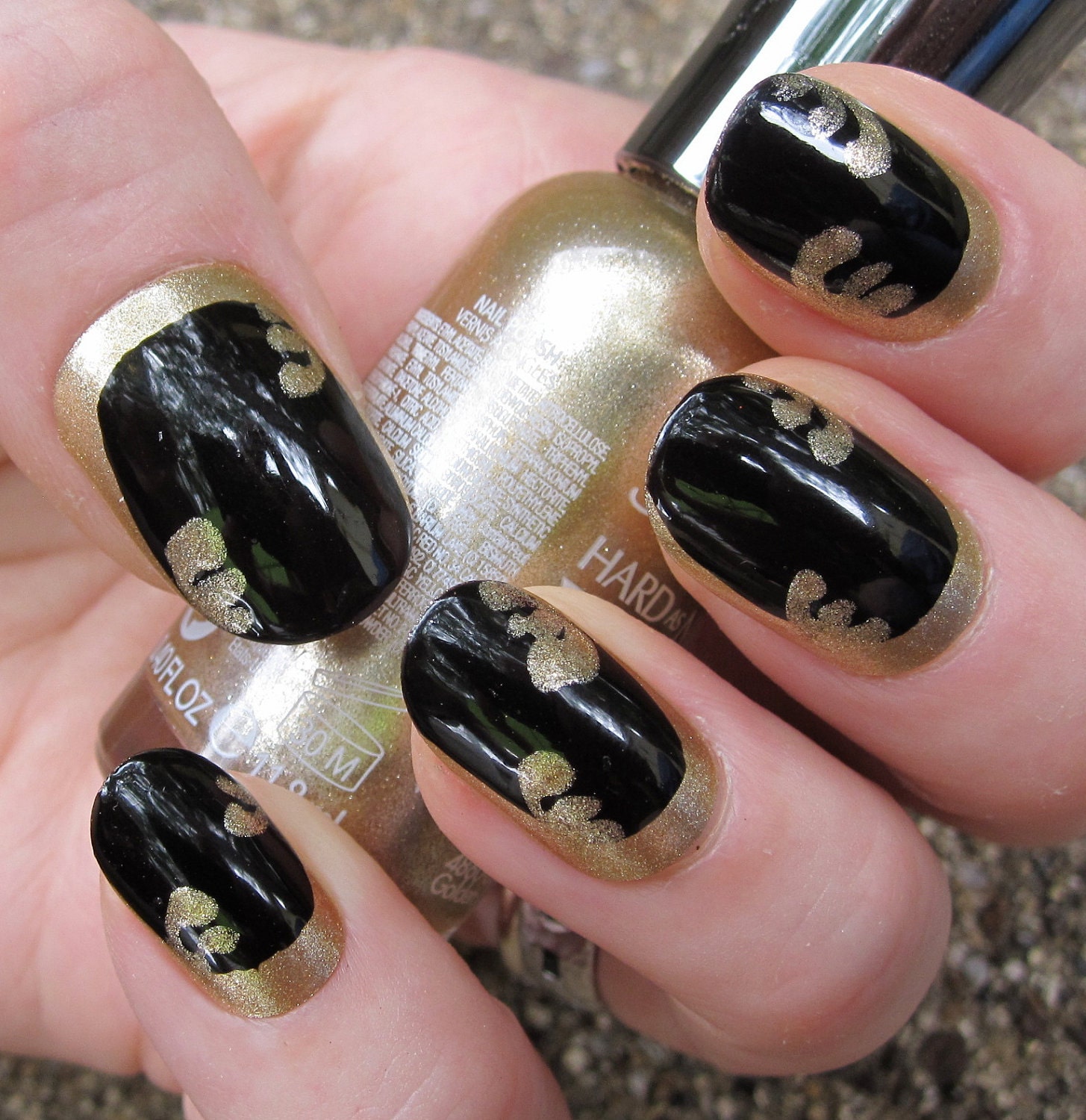 Black and Gold Ruffian French Manicure Nail Art - Hand Painted Oval Tip Fake Nails