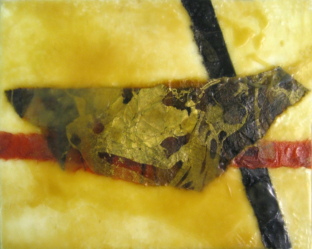 original painting beeswax encaustic paper collage red gold black