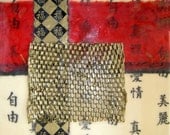 Stachowic original painting beeswax encaustic collage Asian red black gold paper writing