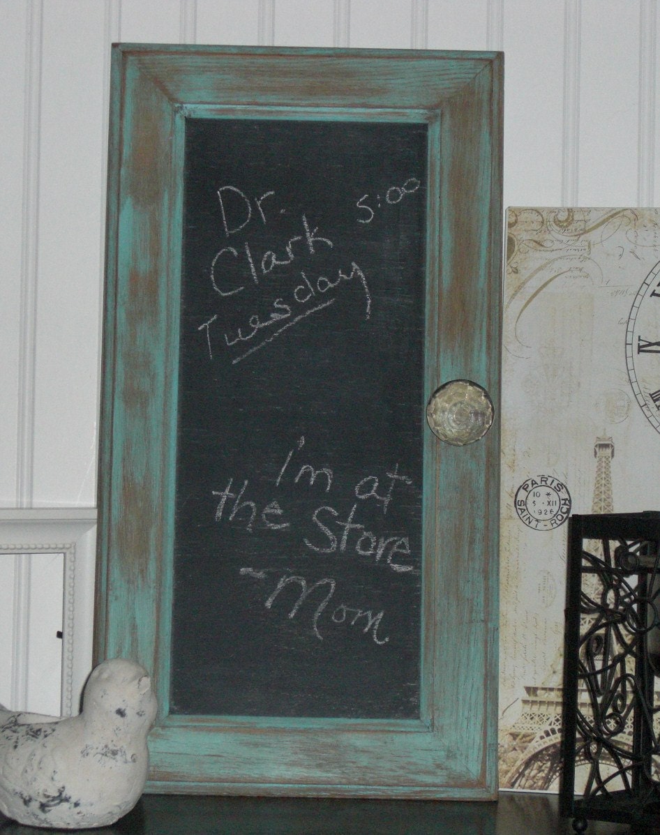 Coastal or Shabby Chic Aqua Blue CHALKBOARD with Crystal Door Knob... Vintage Cupboard Door... Antiqued and Distressed... Home Decor