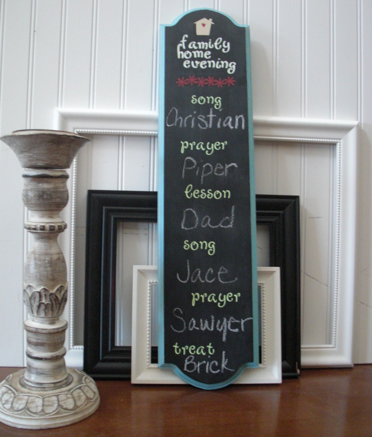 Shabby Chic, Coastal Chalkboard... LDS FHE or Choreboard... Aqua Blue, Mint Green and Black... Home Decor