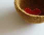 felted wool dish - fuzzy turmeric orange / brown shallow bowl or dish with bright red heart - ring holder or desk organizer