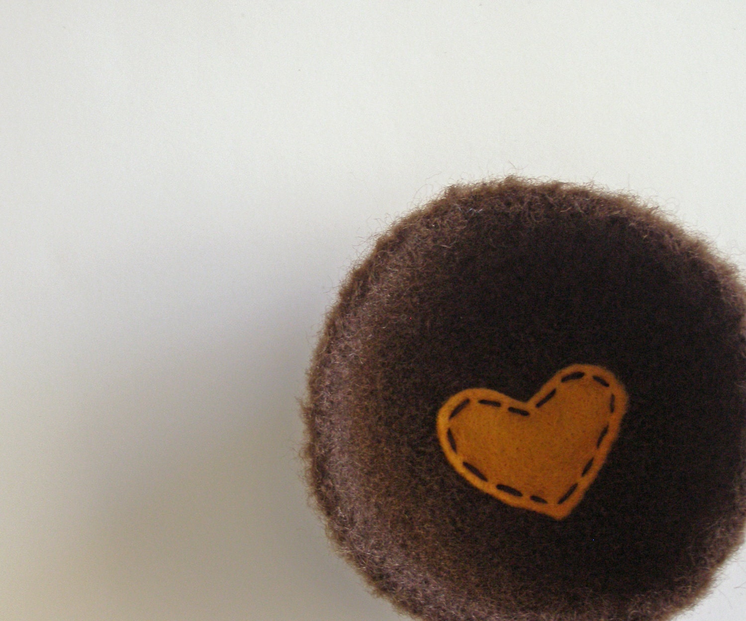 shallow wool bowl or dish- fuzzy dark coffee brown wool bowl with mustard yellow heart - anniversary gift, ring bearer bowl
