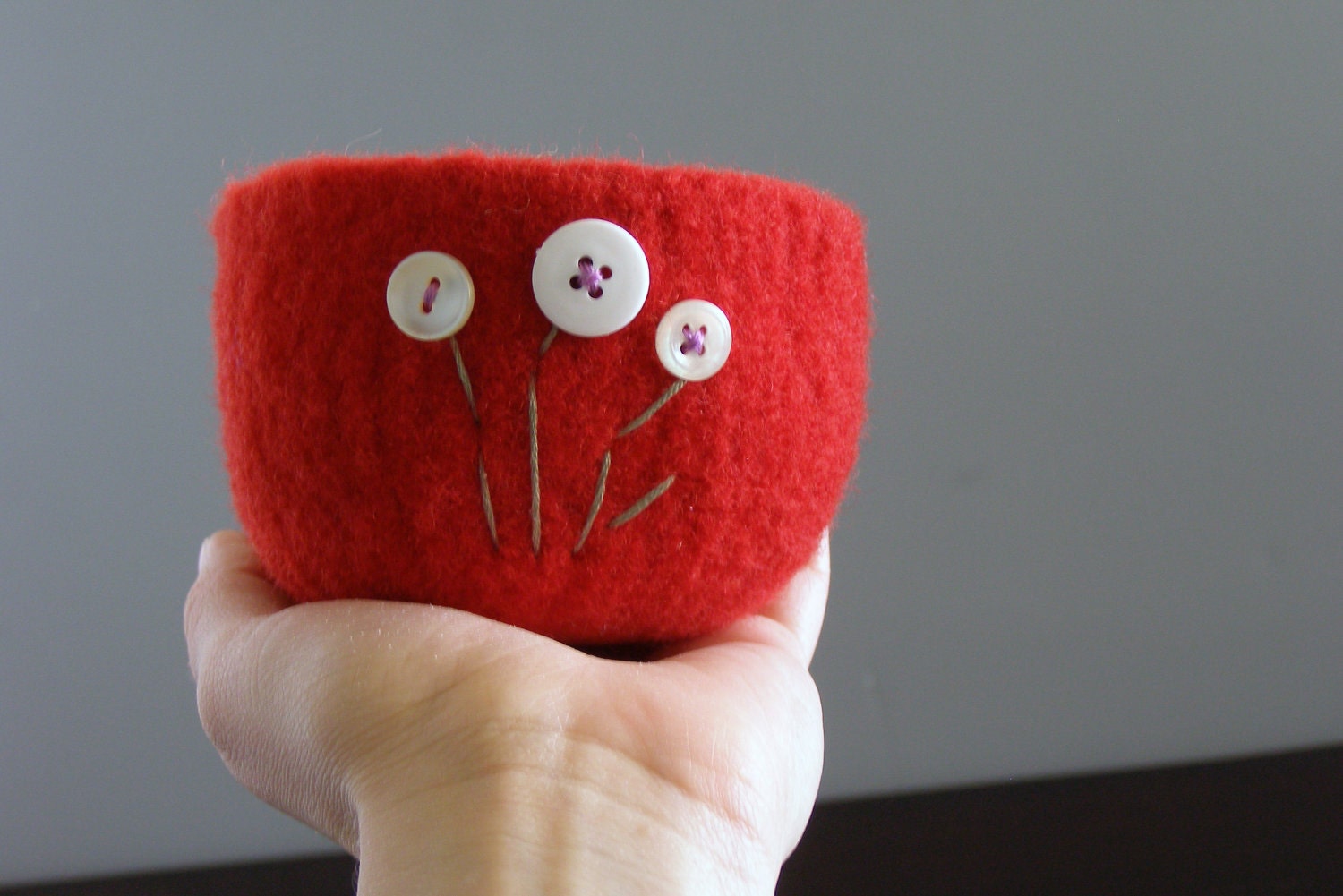 felted wool bowl - bright cherry red with white flowers