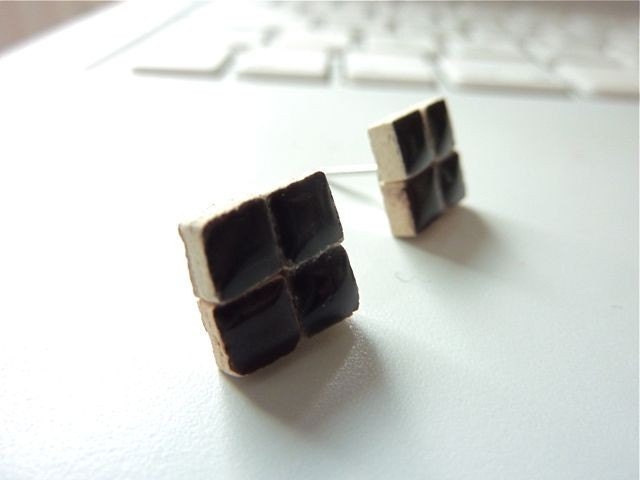 Ceramic Mosaic Black Square Earring Studs