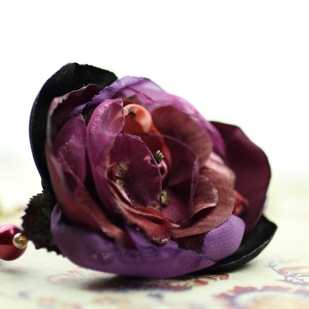 Blueberries and Roses - Romantic Flower Bracelet in Purple & Mulberry - Ready to Ship - Handmade by VividColors