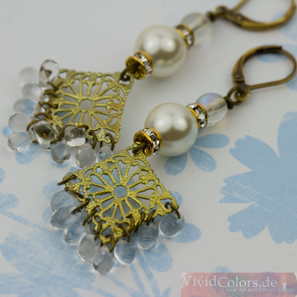 Vintage Style Pearl & Rhinestone Chandelier Earrings - Ready to Ship - Handmade by VividColors
