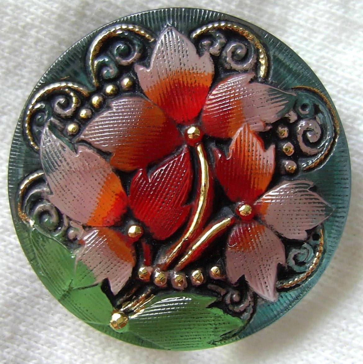 Czech Glass Button - Reverse Painted Nouveau Style Trillium FLORAL w/ Black Wash