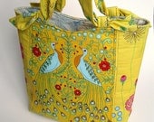 Handmade cotton purse. Daffodil yellow and blue peacocks. Cloth shoulder purse. Gold and blue. Pockets.