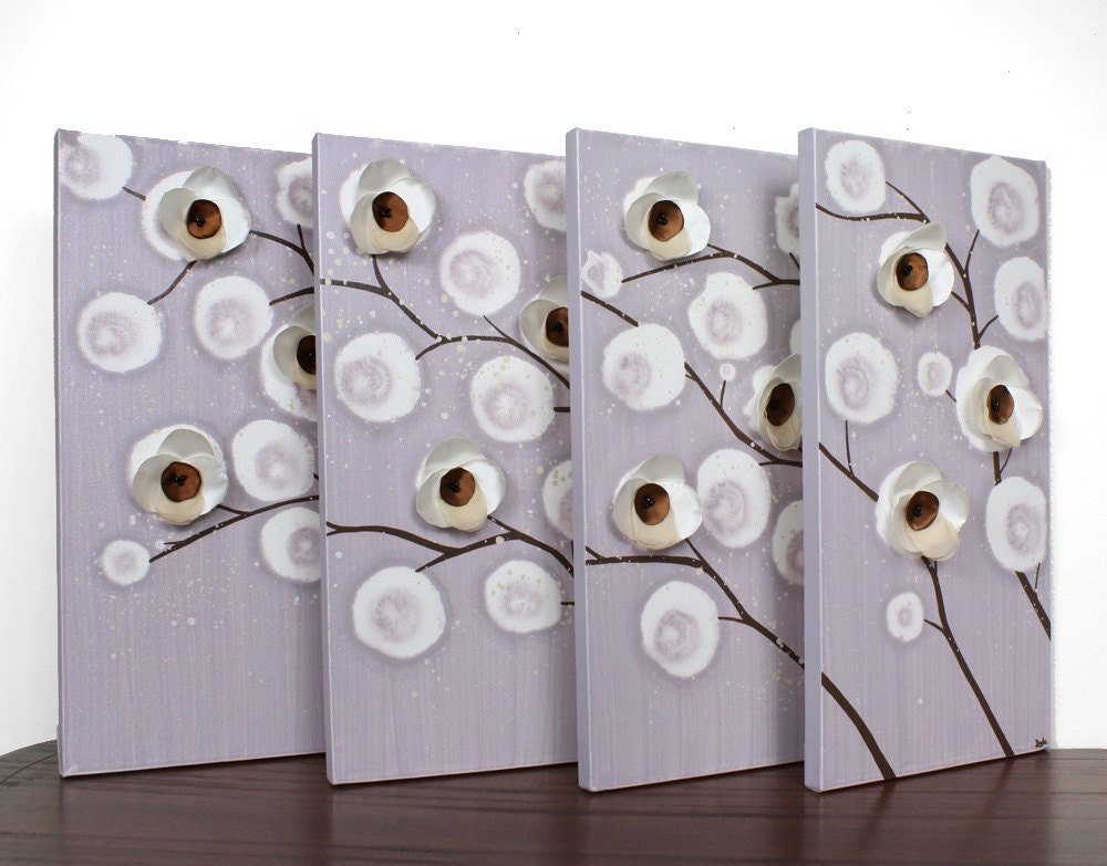 Baby Girl Nursery Art - Large Canvas Painting - Purple and Brown Orchid Wall Decor - 43X20 Set of Four Artwork - IN STOCK