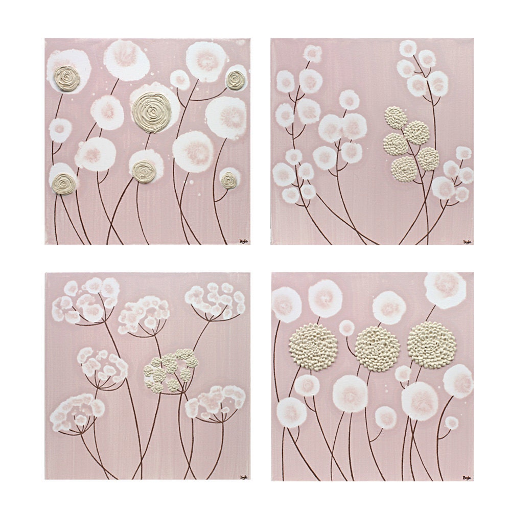 Pink Baby Girl Nursery Art - Original Flower Paintings - Pink and Brown Textured Art - Square Canvas Set of Four - 25X25 - IN STOCK