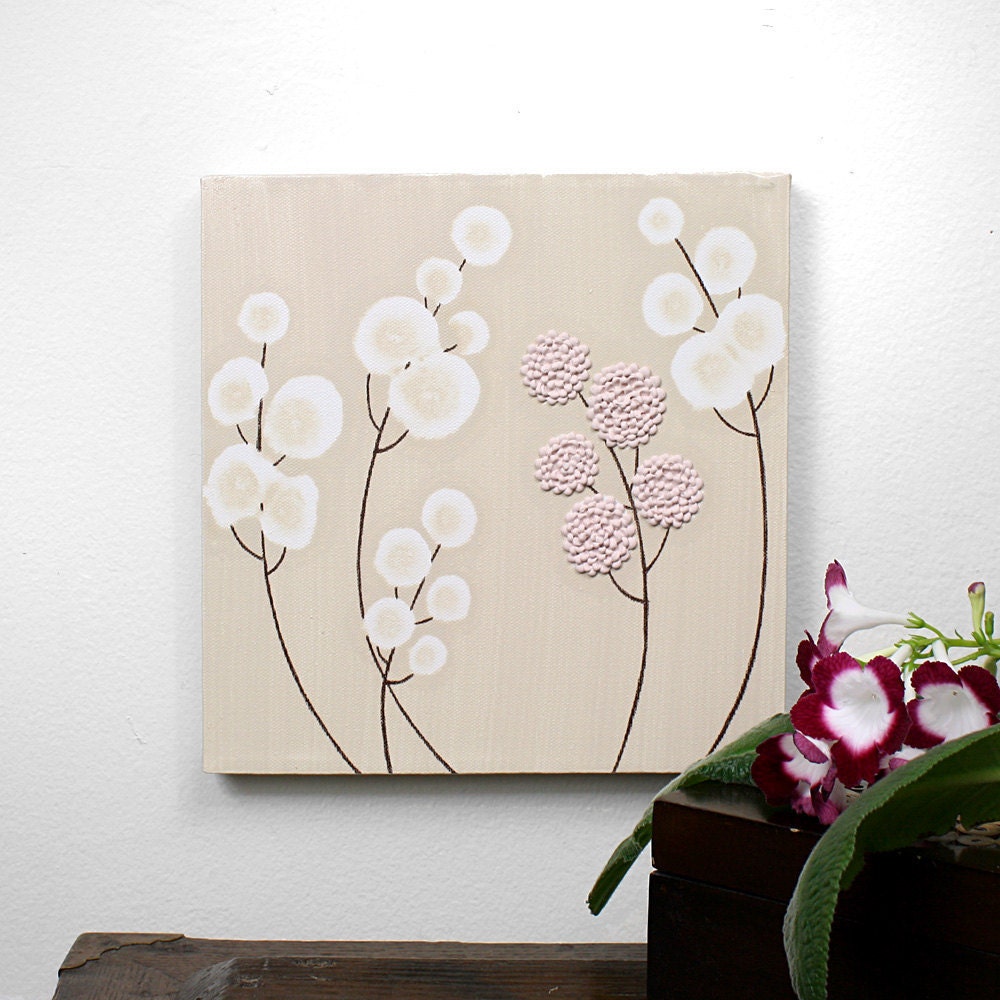 Baby Girl Nursery Wall Decor - Textured Flower Painting - Original Acrylic - Small 10X10 Pink and Brown Canvas Art