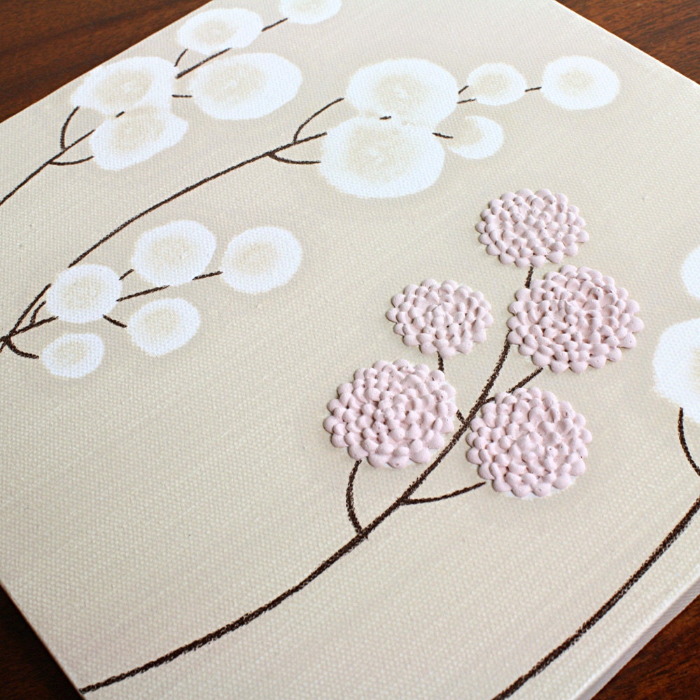 Baby Girl Nursery Wall Decor - Textured Flower Painting - Original Acrylic - Small 10X10 Pink and Brown Canvas Art