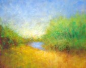 Landscape painting August Pond Park in Amsterdam Yellow Green Blue Free Shipping within the USA