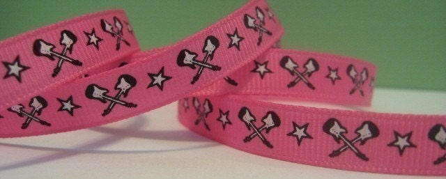 5 yards  Rock'n Guitars and Stars in Hot Pink Black and White 3/8 Grosgrain Printed Ribbon Trim