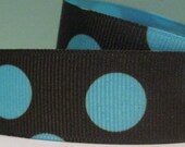 3 Yard Option Chocolate Blueberry Chunky Dots Grosgrain Ribbon in 7/8 inches wide Brown and Turquoise Aqua Blue