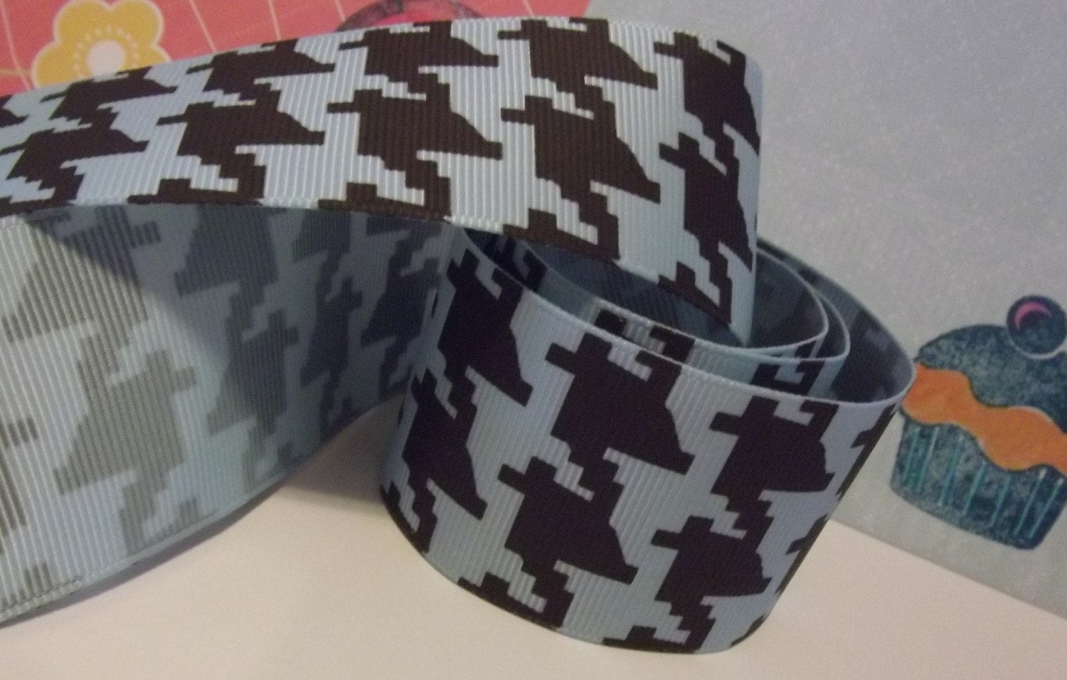 5 yard option  Light Blue and Brown Grosgrain Ribbon Digi Houndstooth Pattern in 1.5 inches wide Ribbon Trim
