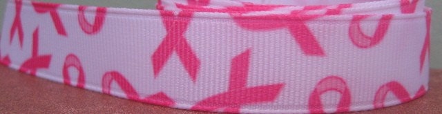 5 yard Breast Cancer Awareness Pink Ribbon Hot Pink on White Grosgrain Ribbon in 5/8 inches wide