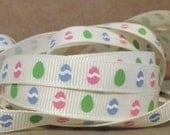 10 yards Easter Egg Hunt Print Pink on Off white Cream Grosgrain Ribbon in 3/8 inches wide Yellow Blue Green Spring