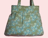 Bright Buds carryall with six large pockets and pencil pocket inside, and key fob, knitting bag, diaper bag, purse
