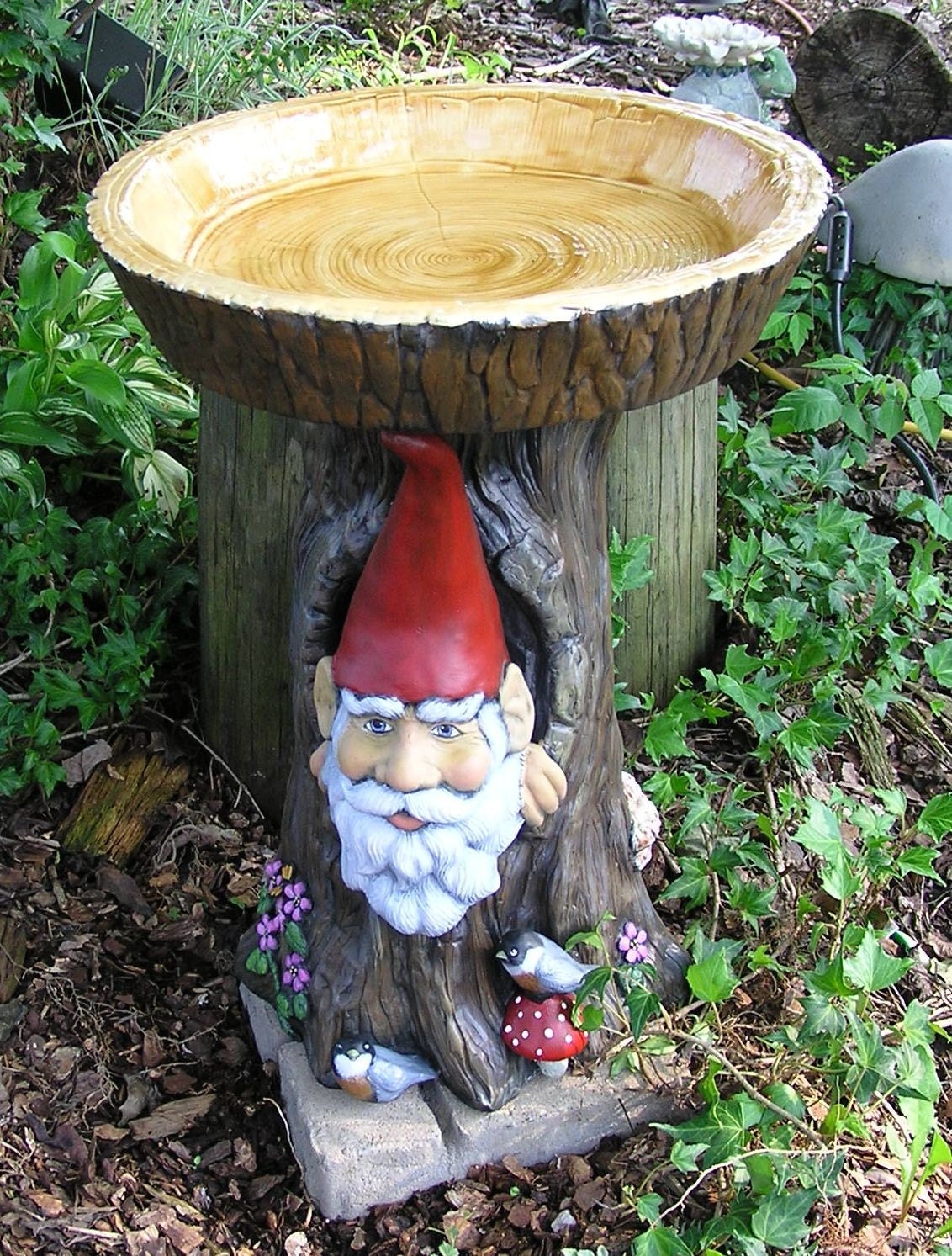 Gnome Tree Stump Bird Bath  Log slice top - ceramic ooak birdbath