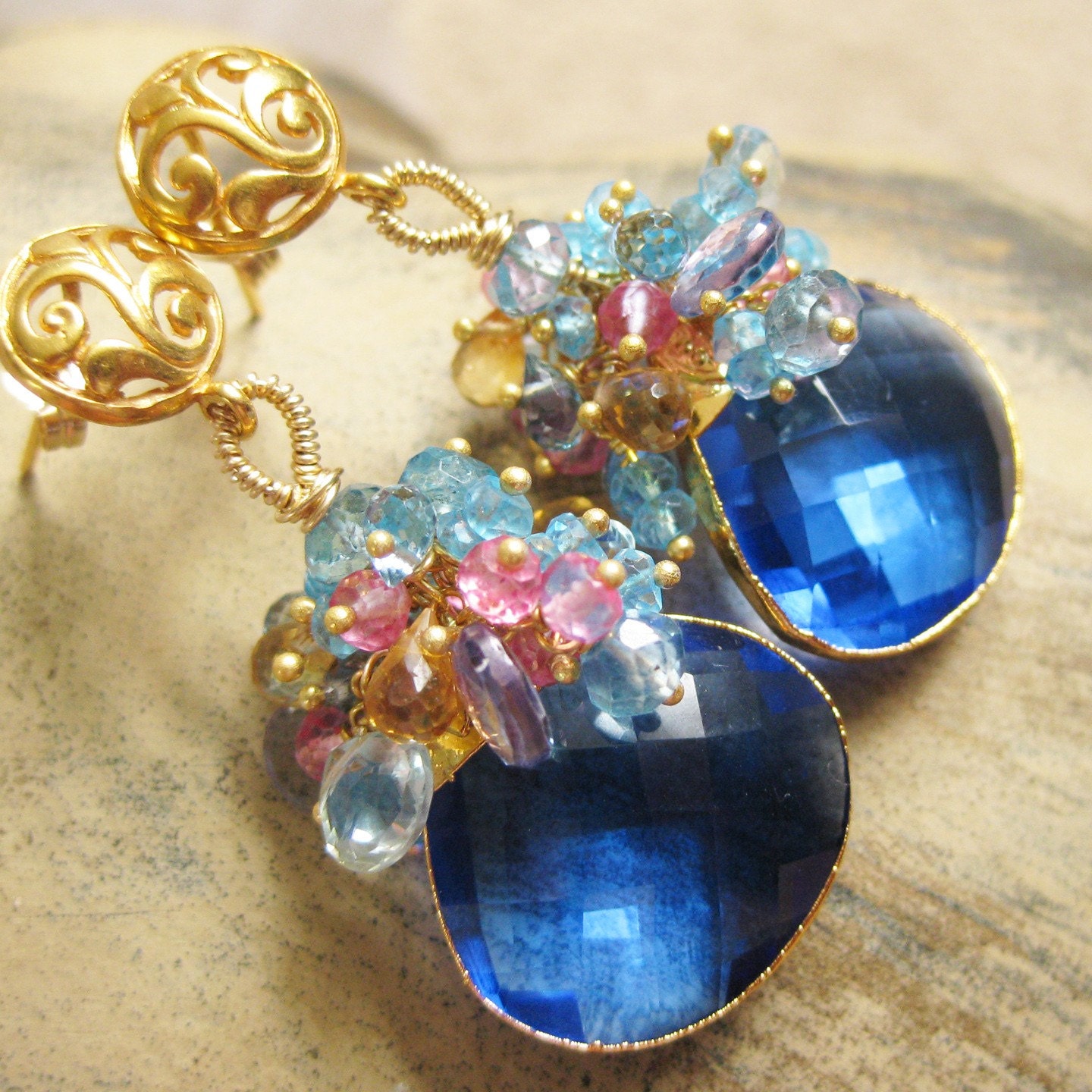 Blue quartz gold earrings pink blue topaz, yellow citrine cluster cascade filigree katecojewelry