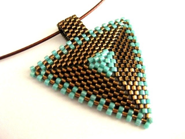 Peyote Triangle Pendant in Brown and Turquoise Beadwork Beaded Beadwoven Seed Bead Handmade Geometric