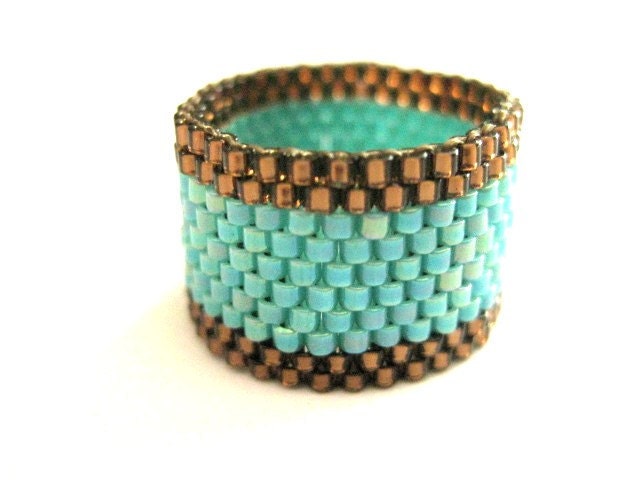 Peyote Ring in Brown and Turquoise - size 4, 5, 6, 7, 8, 9, 10, 11, 12, 13  Beaded Band Simplicity Handmade